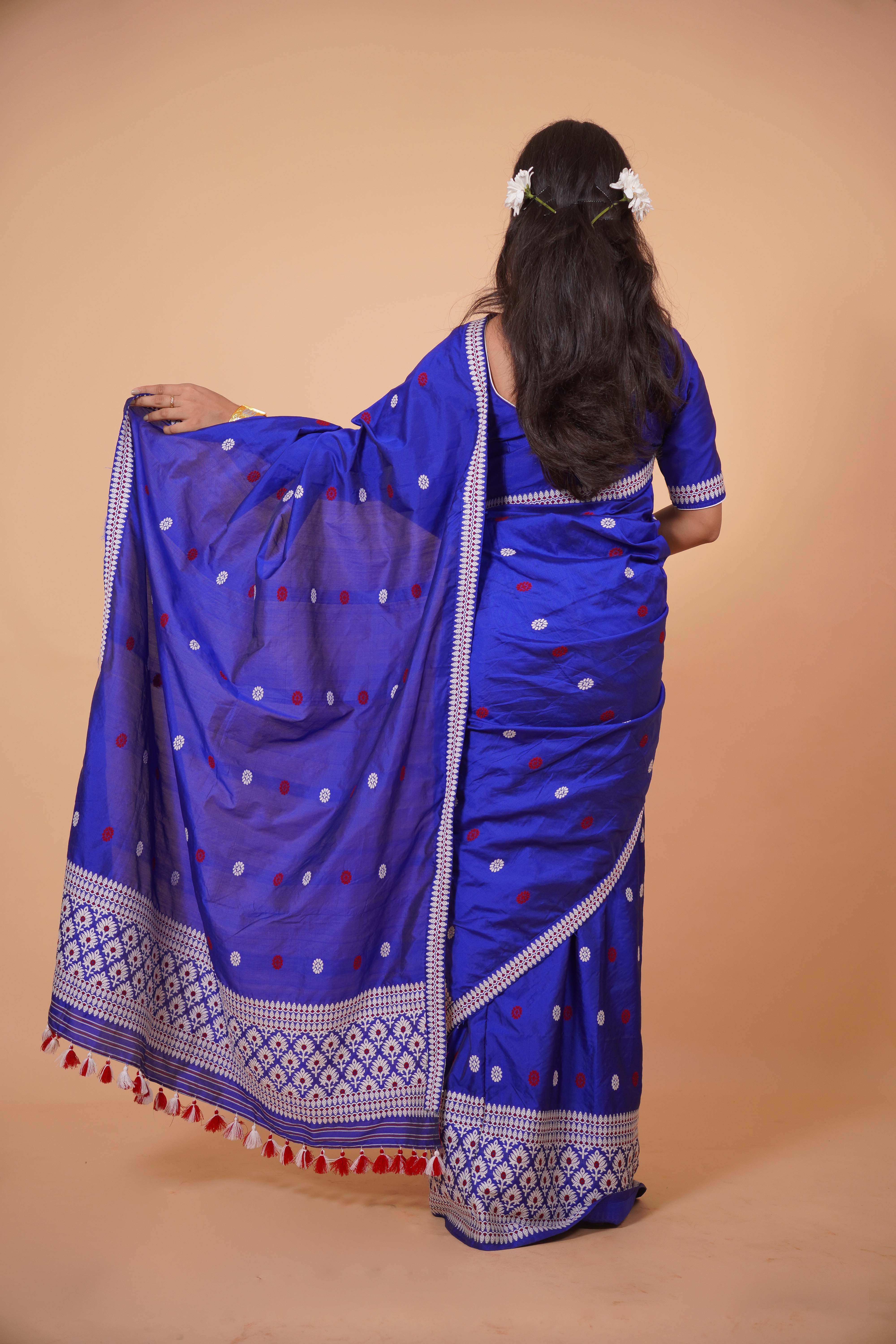 Assam Handmade Royal Blue Pat Silk Mekhela Chador